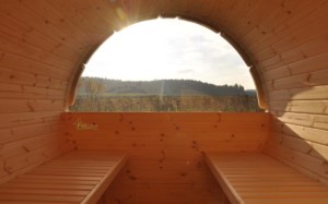 Finkota Fasssauna Blick nach draussen durch Halbglas
